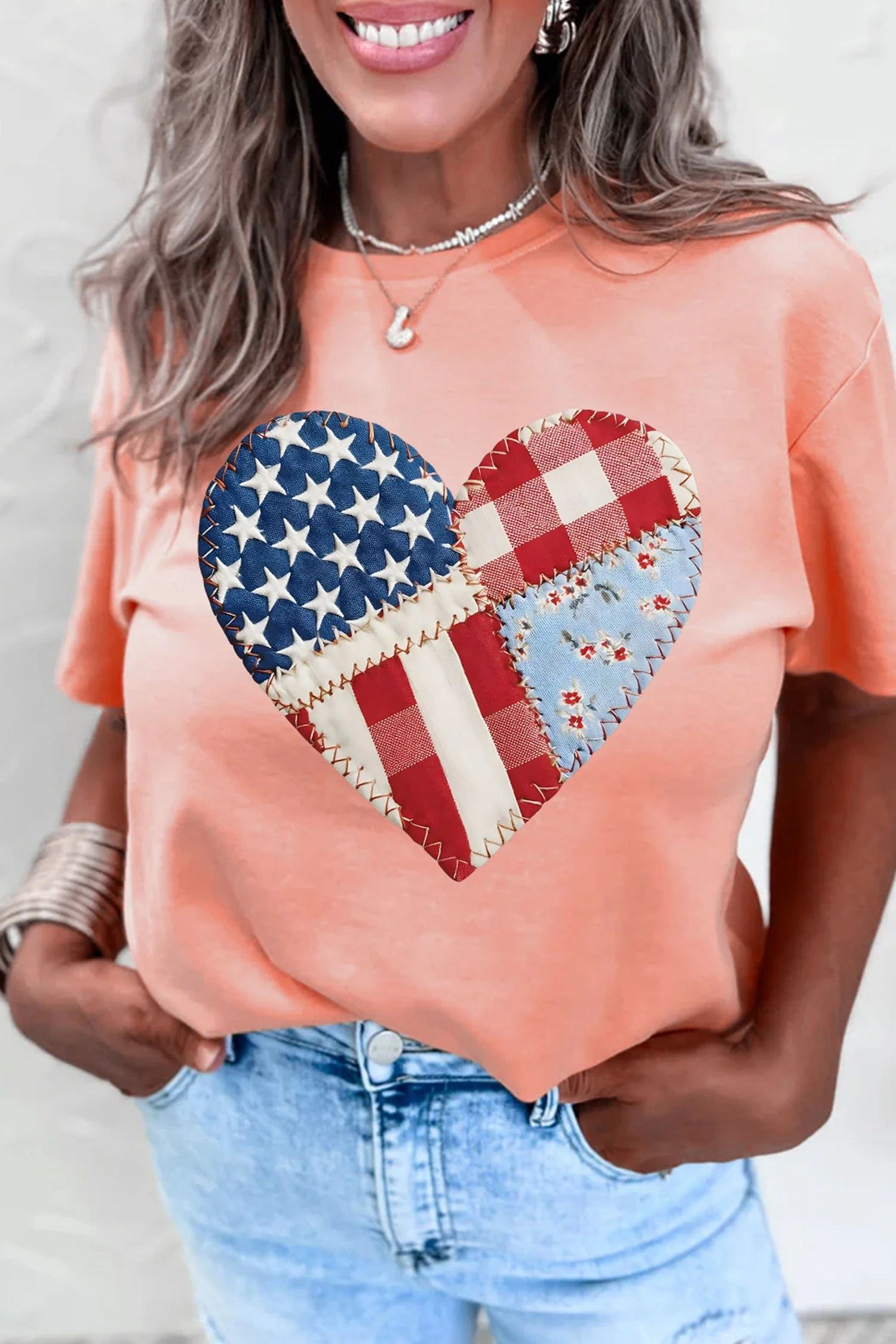 Pink Patriotic Heart DTG Faux Patchwork Printed Tee – Stretch - Image 3