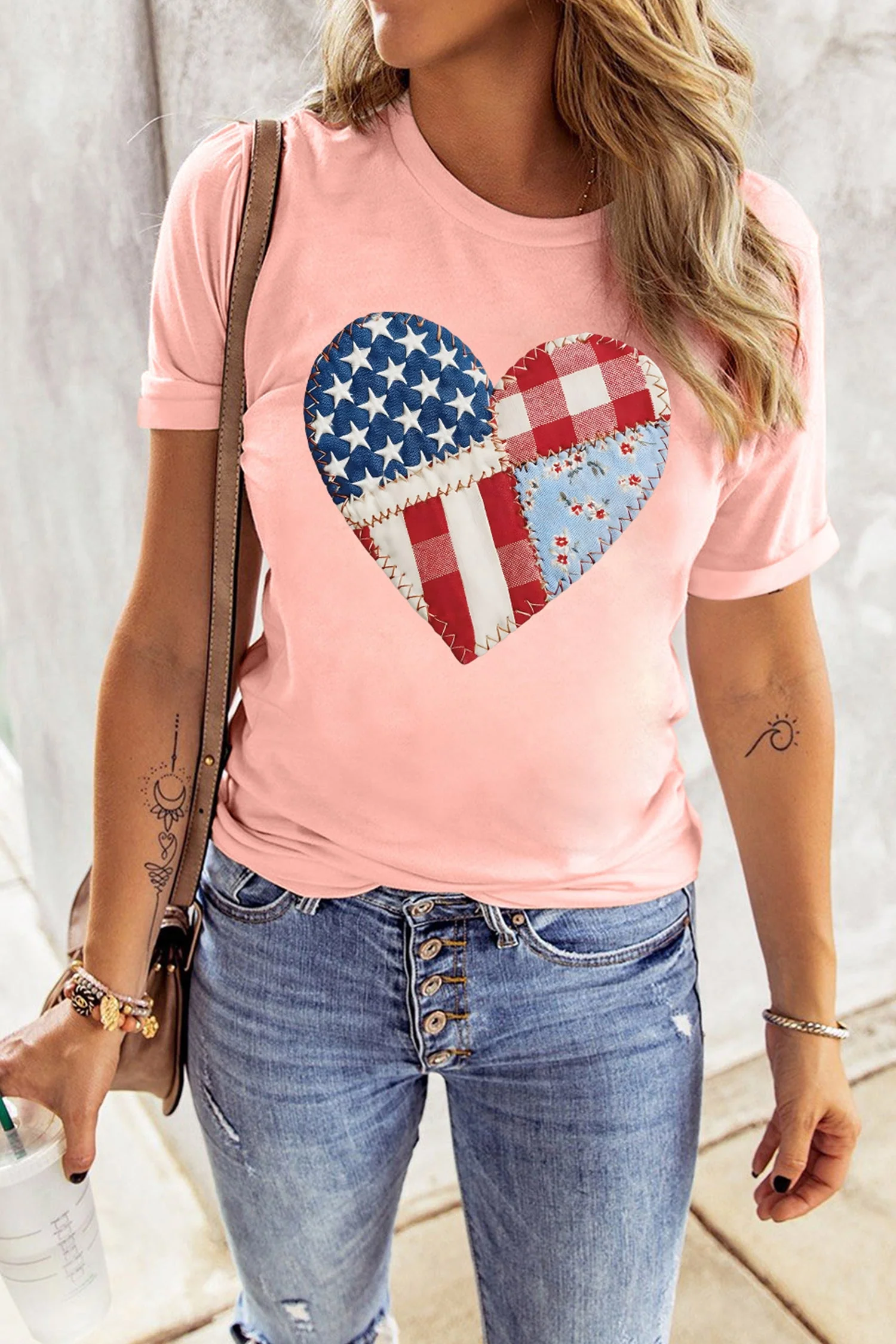 Pink Patriotic Heart DTG Faux Patchwork Printed Tee – Stretch - Image 4
